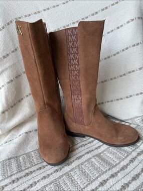 Michael Kors Chestnut Suede Mid-Calf Boots with MK Logo Panel